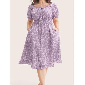 BLOOMCHIC Ditsy Floral Shirred Ties Square Neck Frill Trim Puff Sleeve Dress